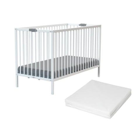 WEBABY - Klappbares Babybett Holz 60x120 cm mit Matratze Weiß FLEX |Faltbares Kinderbett |3 Stufen Höhenverstellbar|Kompakt | Transportierbar | Zusammenklappbar |Platzsparend