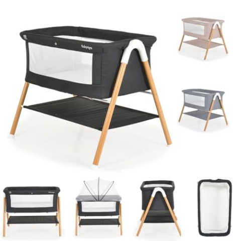 Moni Beistellbett Kalinihta Matratze mit Reißverschluss, Moskitonetz, Holzdruck, Farben:schwarz