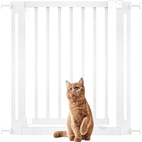 Bettacare Naturholz Elegance Treppenschutzgitter, Weiß, 79cm - 87cm, Druckmontage Sicherheitsgitter, 57cm Extra Breite Türöffnung, Einteiliges Extra Breites Gitter für Welpen, Hunde und Haustiere