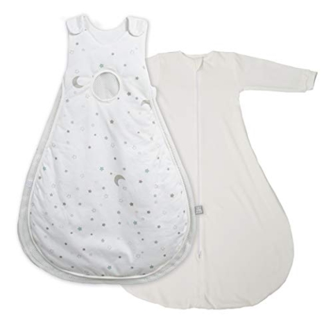 roba Babyschlafsack 86/92 cm Air PLUS Sternenzauber + Strampelsack mit Ärmeln - safe asleep - Schlafsack ganzjährig für Neugeborene - Weiß mit Stern Motiv