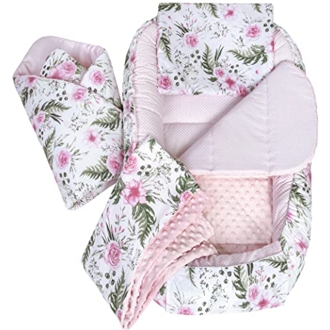 Medi Partners Babynestchen Babynest Set 100x60x15 Kuschelnest 5 teilig herausnehmbarer Einsatz Kokon Nestchen Babys Neugeborene 100% Baumwolle (Blument mit Hellrosa Minky)