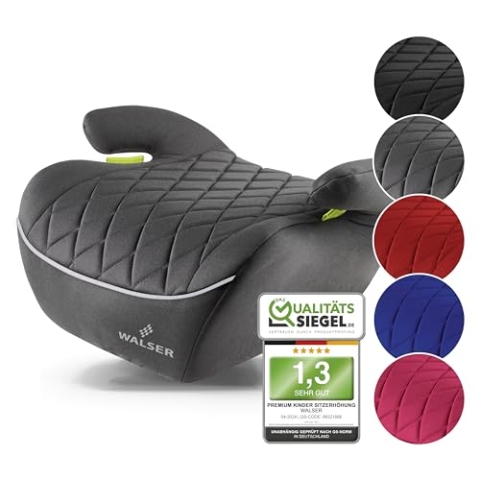 Walser Premium Kinder Sitzerhöhung Auto Andy, Qualitätssieger Sehr Gut* Kindersitz Auto leicht waschbar, Kindersitzerhöhung Auto 125-150 cm neueste Norm ECE R 129, Sitzerhöhung Auto Kinder grau