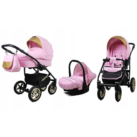 BabyLux® Bambimo Kinderwagen Set 3 in 1 - Gold Lux - incl. Babywanne, Buggy Sportsitz, Auto-Babyschale - Autositz - Kinderwagenset - Kombikinderwagen mit Wickeltasche, Regenschutz usw.