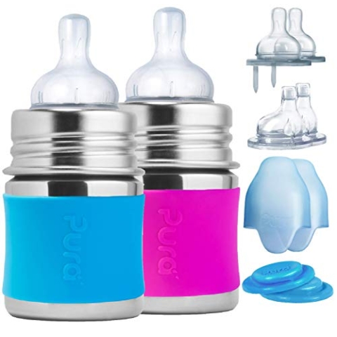 Pura Baby-Babyflaschen aus Edelstahl (Silikondüsen mit mittlerem Durchfluss, Schnelldurchflussdüsen, Einspritzdüsen, Dichtungsscheiben und -hülsen (2er-Pack) Aqua & Rosa 5 Unzen / 150 ml S
