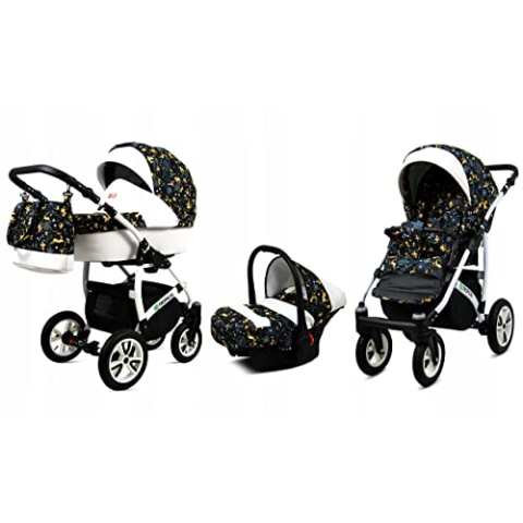 BabyLux® Bambimo Kinderwagen Set 3 in 1 - Tropical - incl. Babywanne, Buggy Sportsitz, Auto-Babyschale - Autositz - Kinderwagenset - Kombikinderwagen mit Wickeltasche, Regenschutz usw.