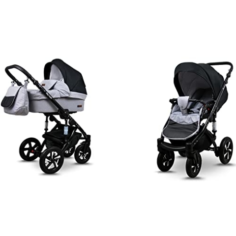BabyLux® Sky Lark 2-in-1 Baby Kinderwagen Tief und Kinderwagen mit Zubehör Verstellbar und faltbar Aluminiumkonstruktion Wasserdicht Nicht abnehmbare Räder Silver Flex Black Black Frame