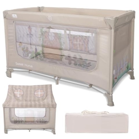 Lorelli Baby Reisebett mit Dach und Rollen, 2 in 1 Babybett und Laufstall Sweet Home, Kinderbett ab Geburt bis 15 kg, Seiteneingang, Faltbar inkl. Transporttasche, Beige
