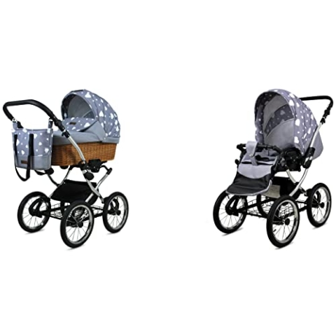 BabyLux ALU 2in1 Kinderwagen für Kleinkinder – Kinderwagen für Neugeborene und Kleinkinder – Baby Neugeborenen Kinderwagen – 59x105x125cm – Max. 15kg – Silver Hearts Silver Frame