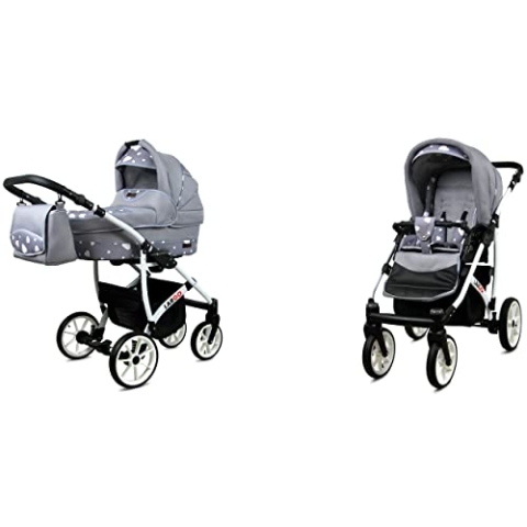BabyLux Largo 2-in-1 Baby Kinderwagen Tief und Kinderwagen mit Zubehör Verstellbar und faltbar Aluminiumkonstruktion Wasserdicht Nicht abnehmbare Räder Silver Hearts