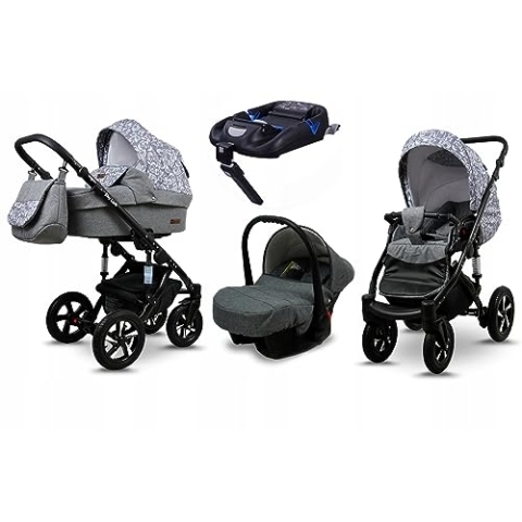 BabyLux® Kinderwagen Set 4 in 1 - Sky Lark - incl. Babywanne, Buggy Sportsitz, Auto-Babyschale, ISOFIX-Basisstation - Autositz - Kinderwagenset - Kombikinderwagen mit Wickeltasche usw.