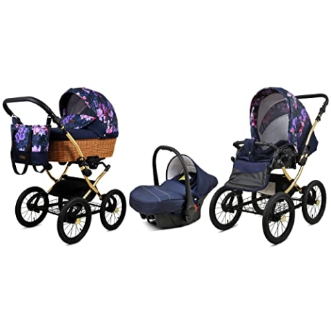 BabyLux Kinderwagen 3in1 mit Autositz für Kleinkinder – Kinderwagen für Neugeborene und Kleinkinder –– Baby Neugeborenen Kinderwagen – 59x105x125cm – Max 15kg – Royal Magnolia Gold Frame