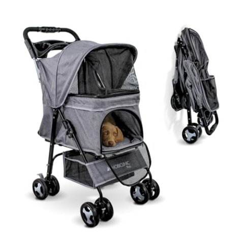 Mobiclinic® pets, Faltbarer hundewagen, Bis zu 15 kg, Ideal für kleine hunde, Zuma, Räder mit 360°-bremsen, Xxl-korb, 3 fenster reißverschluss und moskitonetz, Becherhalter, Grau