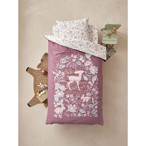 VERTBAUDET Kinder Bettwäsche-Set,Wunderland" pflaume 140X200 - KISSEN 63X63