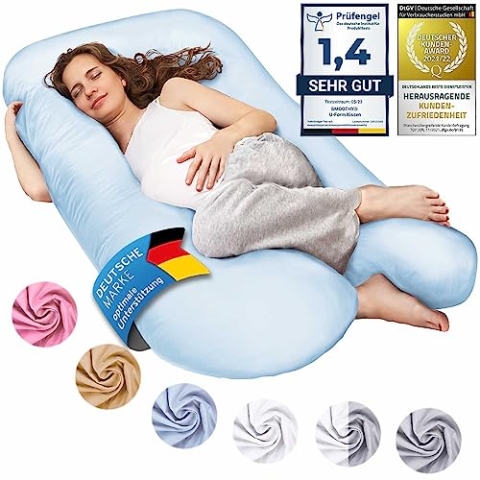 XXL Schwangerschaftskissen Seitenschläferkissen, Lagerungskissen, Baby-Kissen & Stillkissen in U-Form mit abnehmbarem & waschbarem Bezug aus 100 % Baumwolle (Classic XXL, 150 x 80 cm, Hellblau)