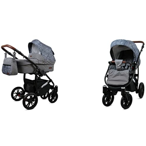 BabyLux Optimal 2-in-1 Baby Kinderwagen Tief und Kinderwagen mit Zubehör Verstellbar und faltbar Aluminium Konstruktion Wasserdicht Nicht abnehmbare Räder Tropical Flowers Black Frame