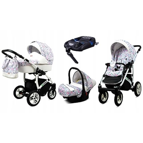 BabyLux® Kinderwagen Set 4 in 1 - Tropical - incl. Babywanne, Buggy Sportsitz, Auto-Babyschale, ISOFIX-Basisstation - Autositz - Kinderwagenset - Kombikinderwagen mit Wickeltasche usw.