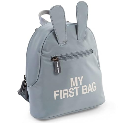 CHILDHOME, Kinderrucksack Baby, Schule, Kindergarten, Vorschule, Kinderkrippe, Zwei Fächer, Lunchbag/Flaschen geeignet, Abnehmbare Sicherheitsschnalle, Wasserabweisend, My First Bag, grau/ecru