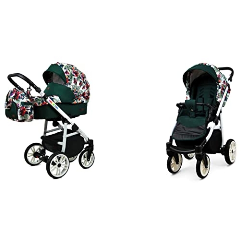 BabyLux Color Lux 2-in-1 Baby Kinderwagen Tief und Kinderwagen mit Zubehör Verstellbar und faltbar Aluminiumkonstruktion Wasserdichte Nicht abnehmbare Räder Chili Flowers White Frame