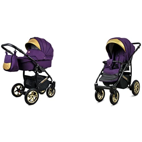 BabyLux Gold Lux 2-in-1 Baby Kinderwagen Tief und Kinderwagen mit Zubehör Verstellbar und faltbar Aluminium Konstruktion Wasserdicht Nicht abnehmbare Räder Royal Purple Black Frame