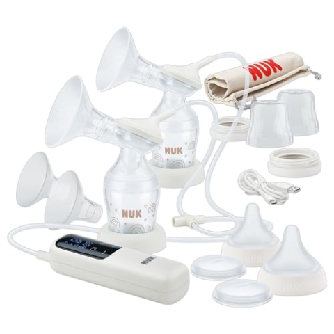 NUK Soft & Easy elektrische Doppel-Milchpumpe | Brustaufsätze aus 100 % Silikon | Klein, leicht und leise | Akku für unterwegs | Brustaufsätze 24 mm & 27 mm | 2x Perfect Match Babyflaschen