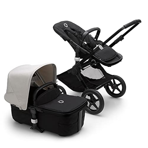 Bugaboo Fox 3, unser komfortabelster 2-in-1-Kinderwagen inklusive Liegewanne mit Lüftungsfenstern: für jedes Gelände, Komfort-Buggy, schwarzes Fahrgestell, Liegewanne & Sonnendach in Misty White