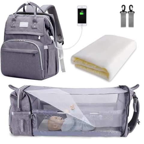 SNDMOR Wickeltasche Rucksack, wickelrucksack mit bettfunktion Großer, Multifunktionale Diaper Bag Mit Wickelunterlage, Kinderwagen-Haken, Geeignet für Mama und Papa (Grau)