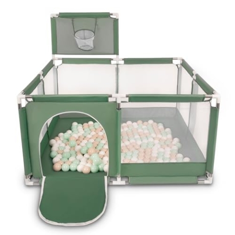 Selonis Laufstall Mit Korb Und 400 Bälle Laufgitter Für Kinder, Grün:Pastellbeige/Weiß/Minze