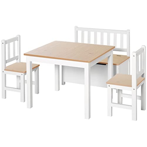 HOMCOM 4 Stück (1er-Pack) Kindersitzgruppe mit Kindermöbel Kindertisch Kinderstuhl Kinderbank für 3+ Jahre Kinder Kiefernholz MDF Natur+Weiß
