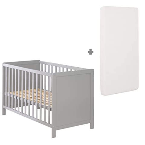 roba 2 in 1 Babybett 60 x 120 cm + Matratze - Gitter- & Beistellbett 6-fach Höhenverstellbar - 5 Schlupfsprossen - Holz grau / taupe
