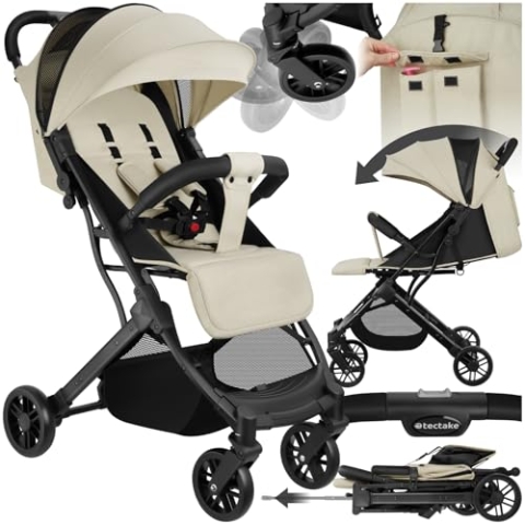 tectake® Buggy Kinderwagen von 0 bis 3 Jahre, Wagen für Baby Erstausstattung Neugeborene und Kinderbuggy, einhändig faltbarer Reisebuggy, Reisekinderwagen, Baby Wagen mit Verdeck - grau/beige
