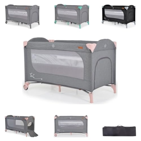 Cangaroo Reisebett Skyglow 2 Ebenen Räder Matratze Seiteneingang Tasche Bremsen, Farbe:rosa