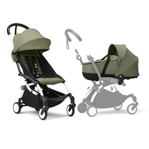 Stokke YOYO3 Kinderwagen mit Liegewanne - Enthält weißem Rahmen, YOYO 6 + Textilset (Olive) & Liegewanne (Olive)