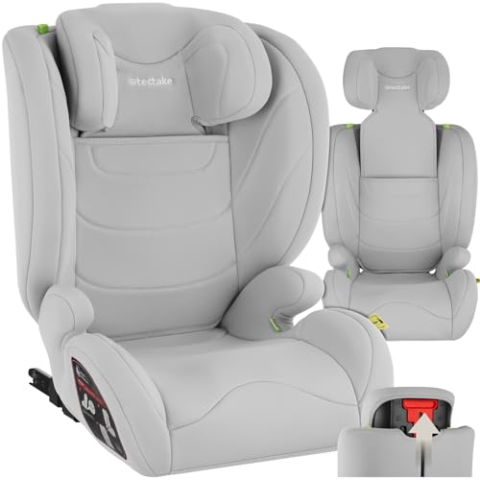 tectake® Kindersitz, Kindersitz Isofix, Auto Kindersitz ohne Isofix nachrüsten, Autositz Befestigung mit 3-Punkt Sicherheitsgurt, Sitzschale mit extra dicker Polsterung, waschbar - hellgrau