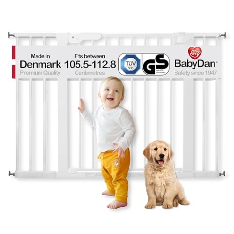 BabyDan Premier, extra breites Treppenschutzgitter zum Klemmen, 105,5-112,8 cm, Türschutzgitter/Absperrgitter/Babygitter/Sicherheitsgitter, Metall, Weiß, Hergestellt in Dänemark (Hundegitter)