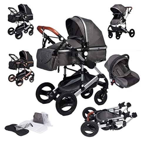 Bronea EXQUISE Kombi-Kinderwagen 3 in 1 INKL. MATRATZE | FARBAUSWAHL | Buggy, Auto-Babyschale, Zusammenklappbar mit Wickeltasche, Regenschutz, Mückenschutz & Sonnenschutz, Farbe:grey/silver