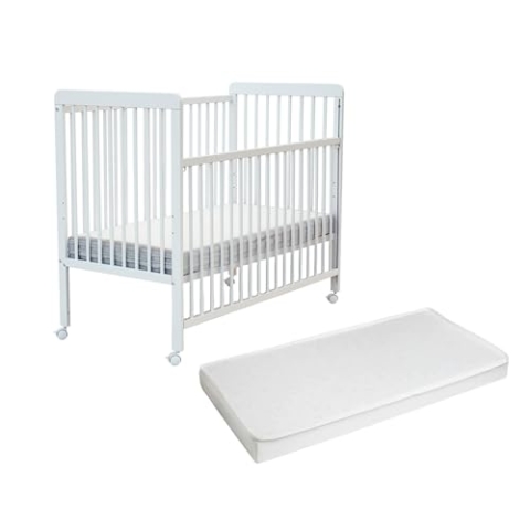AT4 - Babybett Holz mit Matratze 60x120 ESSENTIEL Weiß | Kinderbett | Mit 4 rollen | Mit Verstellbarer Lattenrost 3 stufen