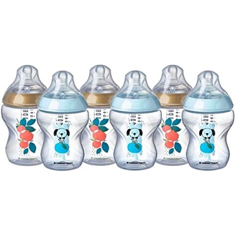 Tommee Tippee Babyfläschchen Catch Me Quick, 260 ml, Anti-Kolik Ventil, weicher Sauger, 6er Set, Blau und Lila