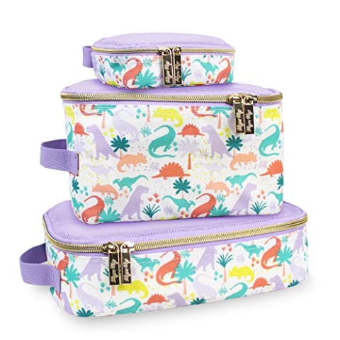 Itzy Ritzy Packwürfel - Set mit 3 Packwürfeln oder Reise-Organizern; jeder Würfel verfügt über ein Netz-Oberteil, doppelte Reißverschlüsse und einen Stoffgriff; lila Dinosaurier