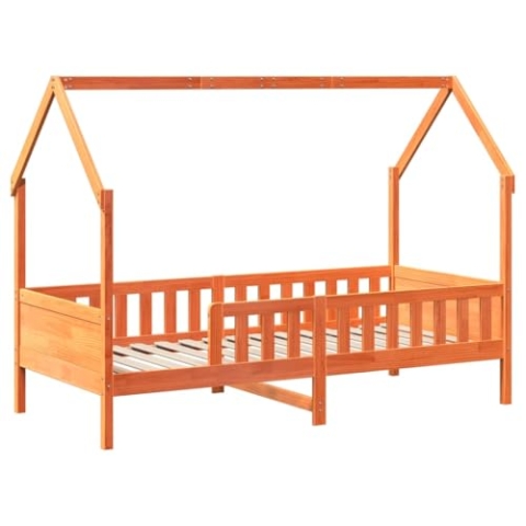 vidaXL Kinderbett, Hausbett mit Rausfallschutz Lattenrost, Bett Holzbett für Kinderzimmer, Bettgestell Spielbett, Wachsbraun 80x200cm Massivholz Kiefer