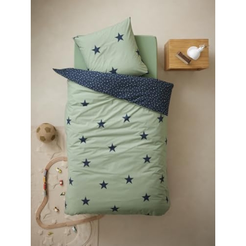 VERTBAUDET Kinder Bettwäsche-Set,Dream Big" khaki/marine sterne 220X240 - KISSEN 63X63