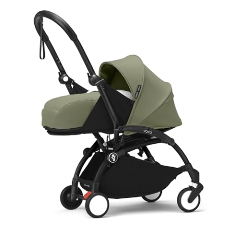 Stokke YOYO3 Gestell (Schwarz) mit 0+ Neugeborenen Set (Olive) - Inklusive Matratze, Fünfpunktgurt, ausziehbarem Verdeck, gepolsterte Schultergurte & schützende Aufbewahrungstasche