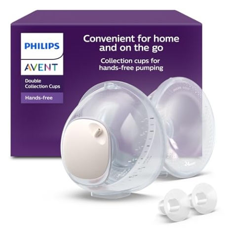 Philips Avent freihändige Doppel-Auffangbecher, ultraleichte und transparente Auffangbecher für die elektrische Milchpumpe, 4 Brusthauben (2 x 21 mm, 2 x 24 mm), 2 x 19 mm Einsätze, SCF439/01
