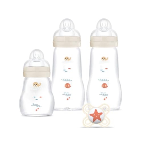 MAM Glasflaschen-Set (3 Glasflaschen + 1 Schnuller) - MAM Hitzebeständige Glasflasche - Glasflasche für Säuglinge ab Geburt und Silikon Schnuller