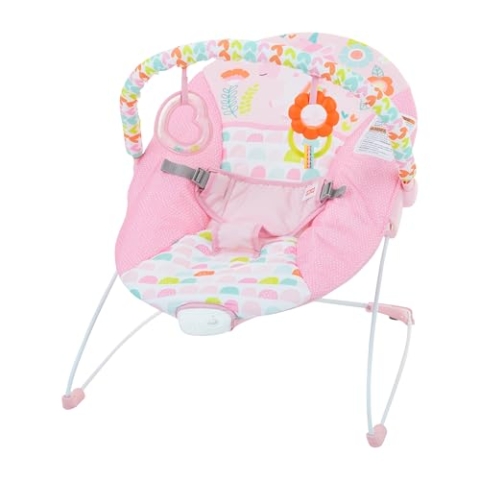 Bright Starts Baby Bouncer Soothing Vibrations Infant Seat - Removable Toy Bar, Nonslip Feet, 0-6 Months Up to 20 lbs (Fancy Fantasy, Pink Unicorn)