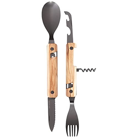 Akinod - Multifunktionales Besteck 13H25 Olivenholz - Edelstahl Faltbesteck - Magnetisches Besteck To Go - Klappbares Besteckset mit Korkenzieher, Dosen- und Flaschenöffner