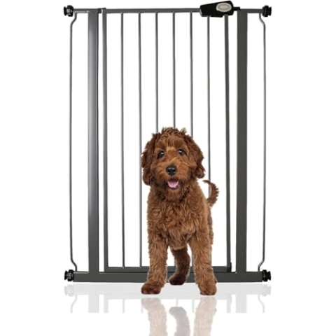Bettacare Extra Hohes Sicherheitsgitter für Kinder und Hunde, 75cm - 83cm, Schiefergrau, Extra Hohes Babygitter von 104cm Höhe, Druckmontage-Sicherheitsgitter für Treppen