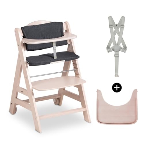 hauck Beta+, Whitewashed - Mitwachsendes Kinderhochstuhl Set ab 6 Monaten bis 90 kg mit Rädern, Sitzkissen, Großes Essbrett, Kleiner Schutzbügel, 5 Punkt Gurt Sicherheitsgurt & Schrittgurt