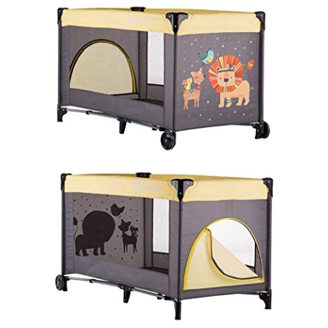 PM Petite&Mars Kinderreisebett KOOT * 120x60 * Babybetten, Kinderbett, Reisebett * Räder, tragbar, faltbar, Tasche * Modernes Design (Lion Yellow)