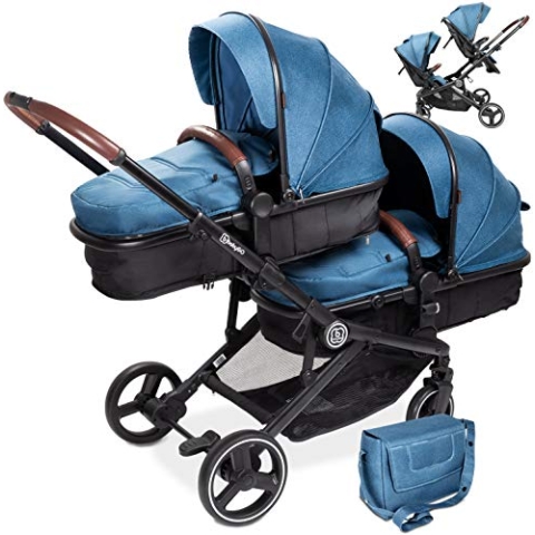 BABYGO Kinderwagen 3 in 1 für Zwillinge - Geschwisterkinderwagen/Geschwisterwagen für Babys - Zwillingskinderwagen/Zwillingswagen für 2 Kinder mit viel Zubehör Blau-ohne Babyschale 1 Stück (1er Pack)