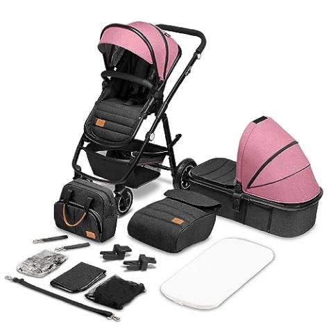 LIONELO Amber Kinderwagen 2 in 1 Kombikinderwagen, Kinderwagen Set mit sportlichen Sitz und fester Babywanne, Tasche, Moskitonetz, Abdeckung Regenblatt (Rosa)
